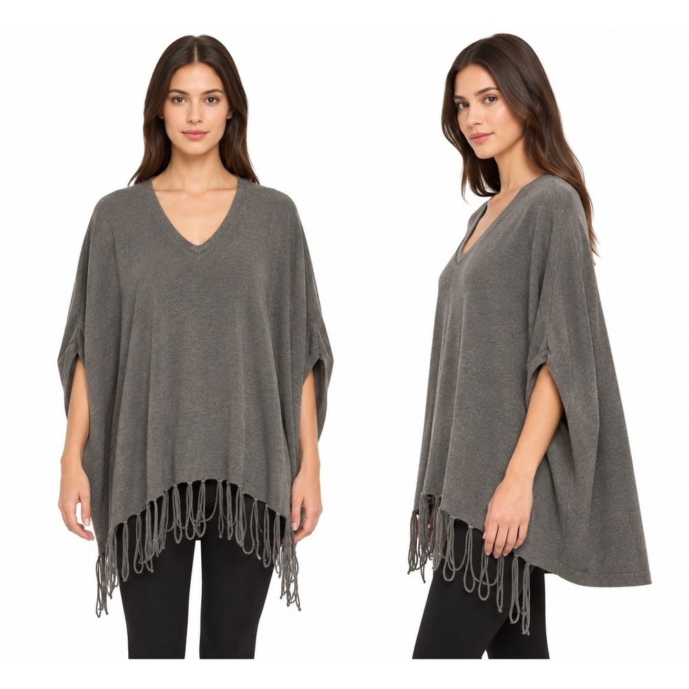 Michael Kors Womens Gray V-Neck Fringe Hem Poncho Sweater Knit Wrap Top